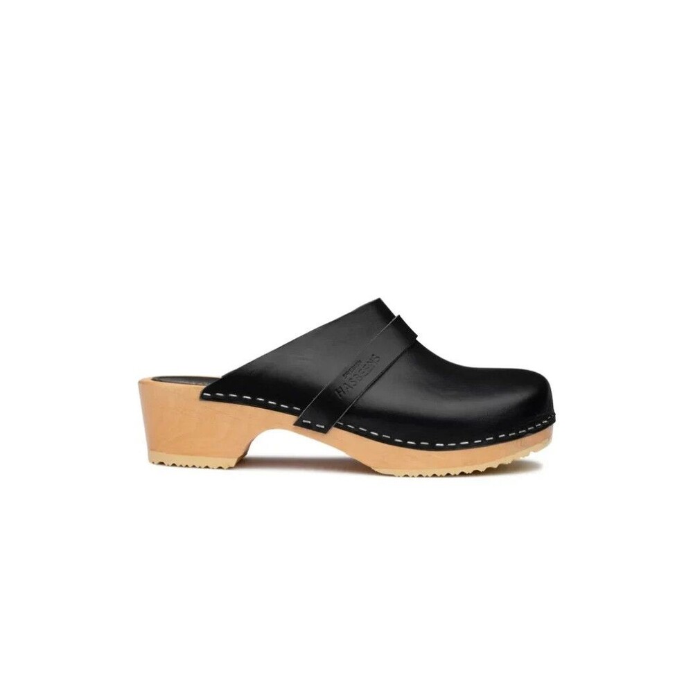 Swedish Hasbeens Husband Black Leather Clogs